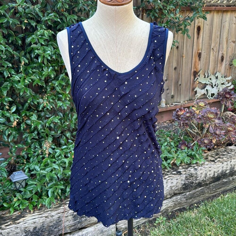 Lavish Sleeveless Embellished Ruffle Dark Blue Blouse Top Women’s size Small